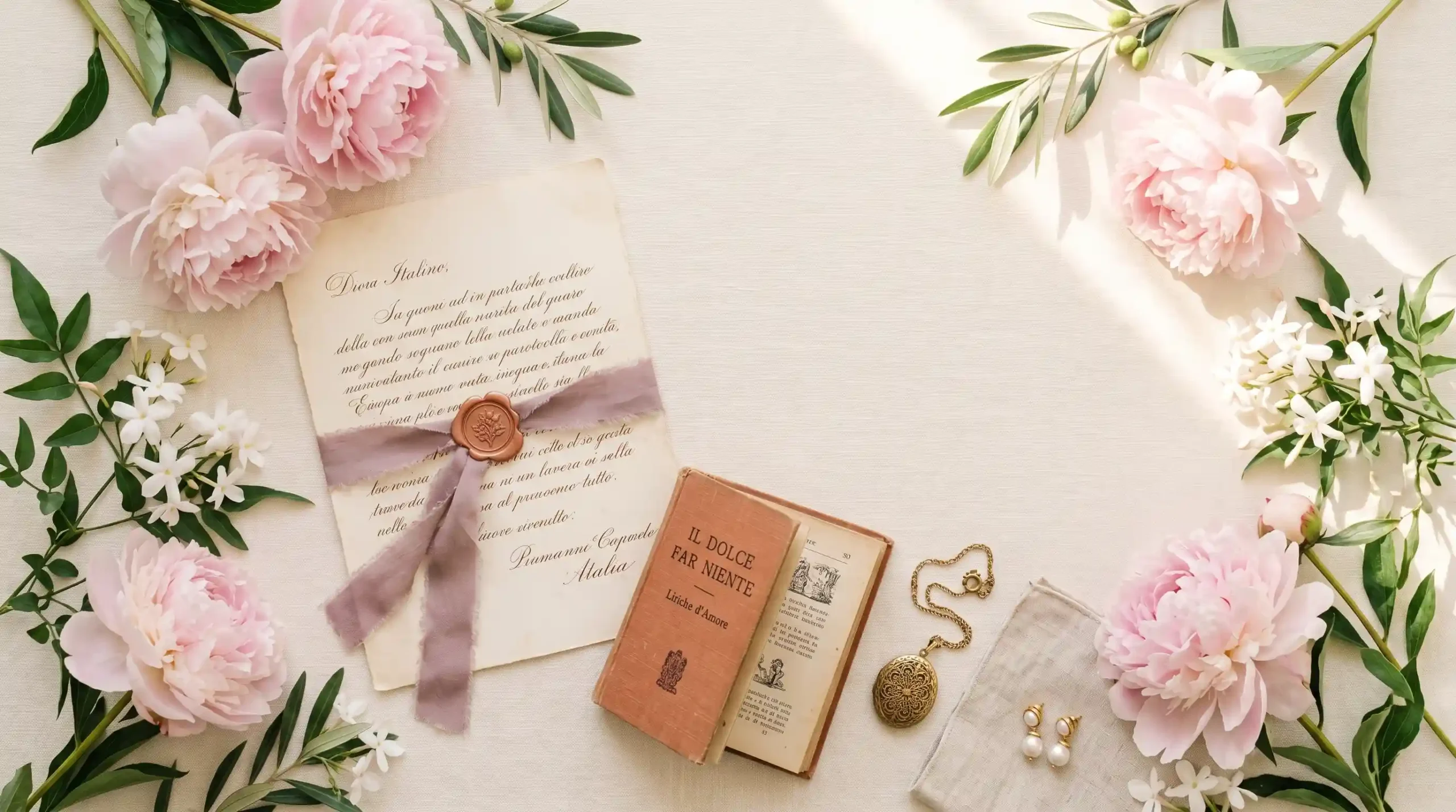 Italian Girl Names – elegant floral aesthetic with peonies, jasmine, and vintage Italian love letter