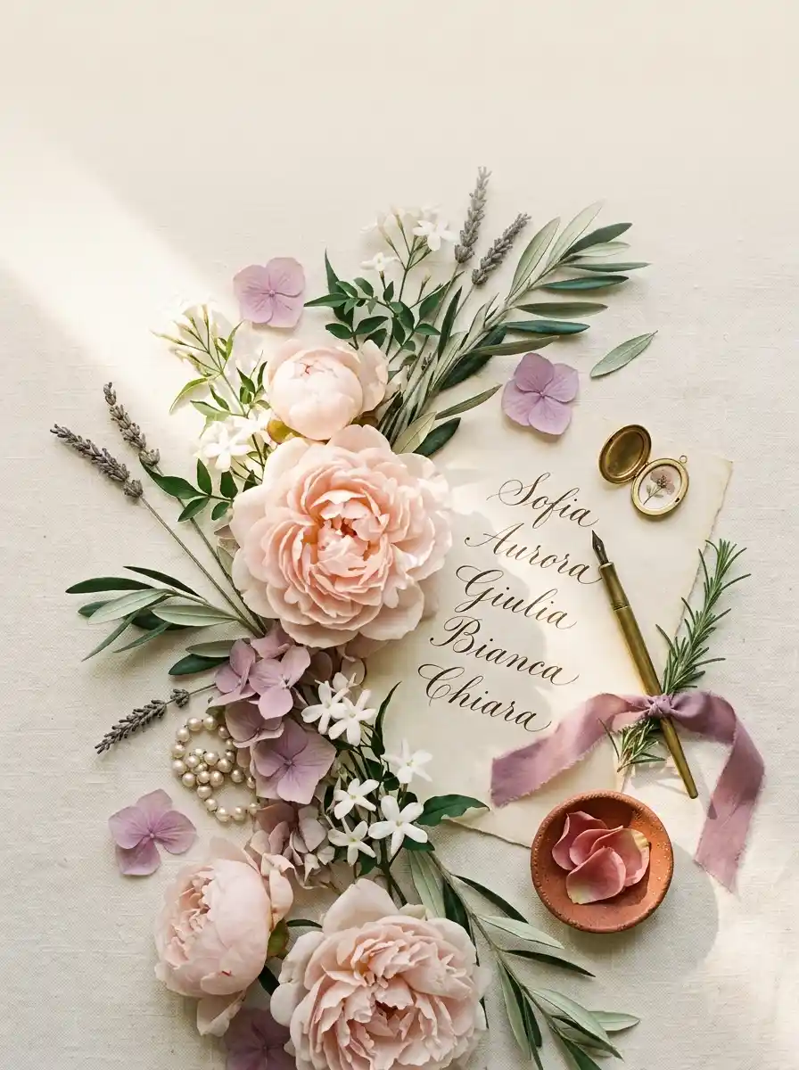 Italian girl names hero — elegant Tuscan floral aesthetic with peonies, jasmine, olive branches, and a vintage handwritten Italian name letter in warm terracotta and mauve tones