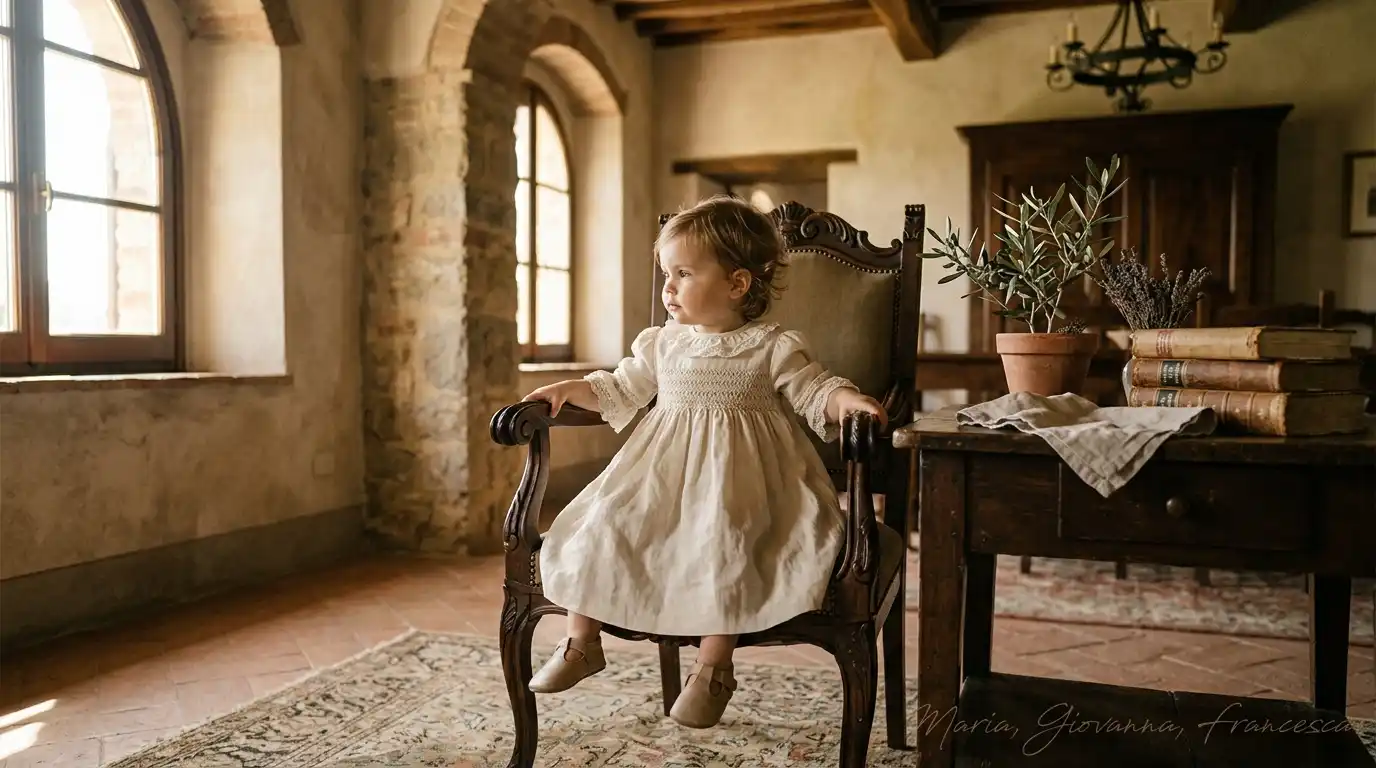 Traditional Italian Names with Rich History – heritage still life with antique book, rosary, and Tuscan light
