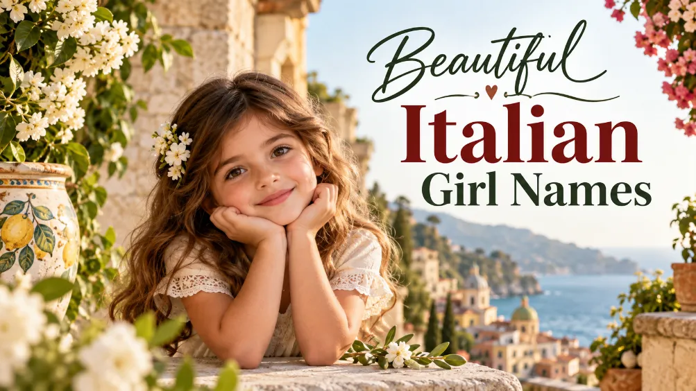 Young girl in an Italian coastal setting with flowers and the text Beautiful Italian Girl Names