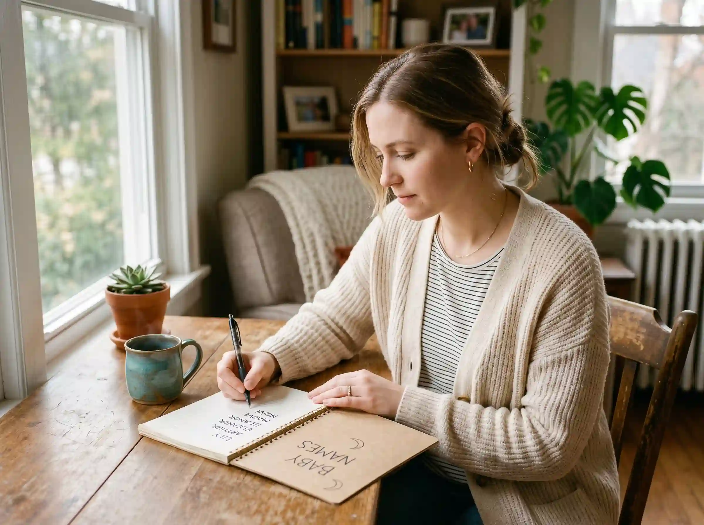 Parent choosing Italian girl name ideas in notebook