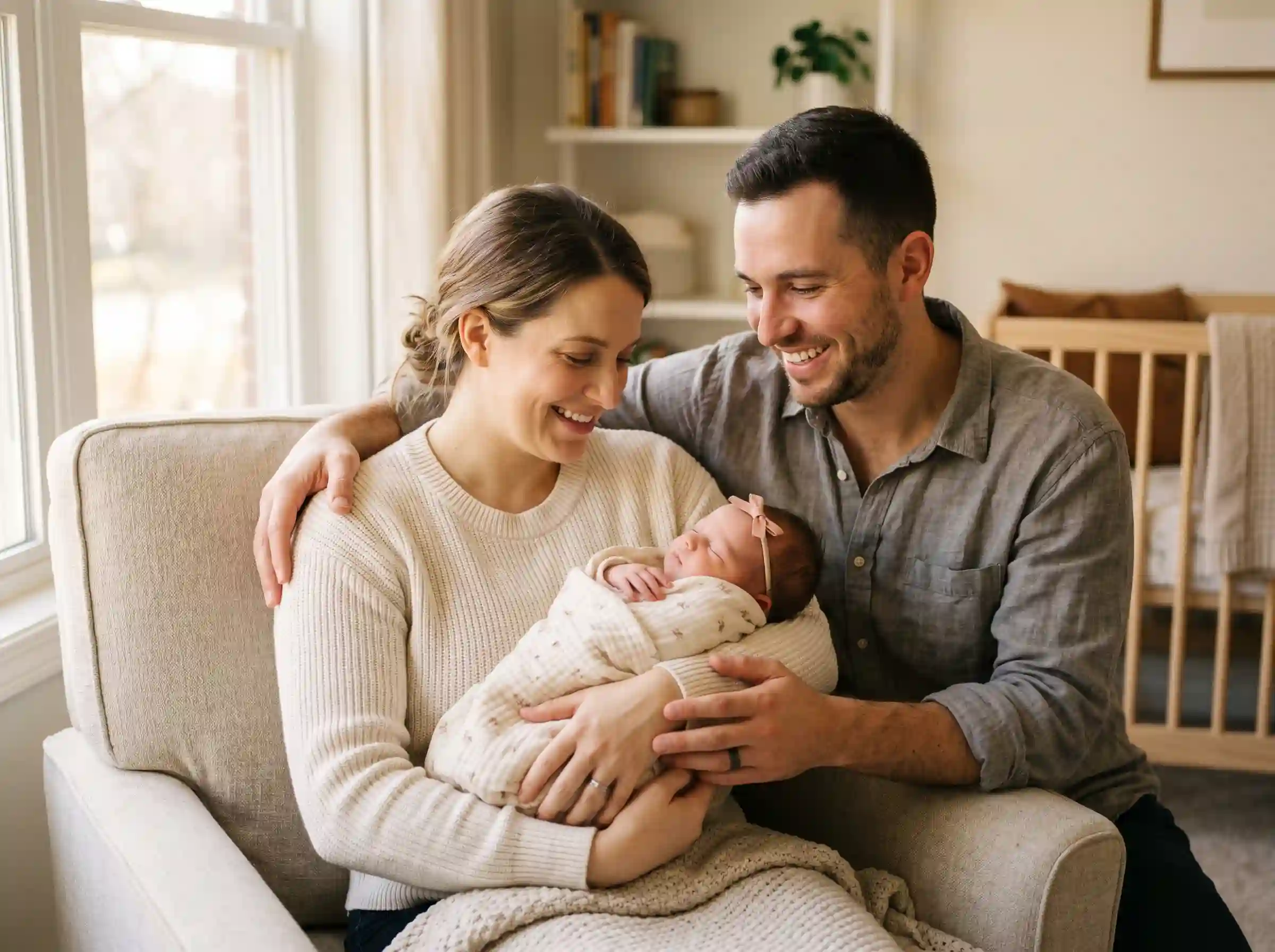 Happy family with newborn baby girl in warm natural light