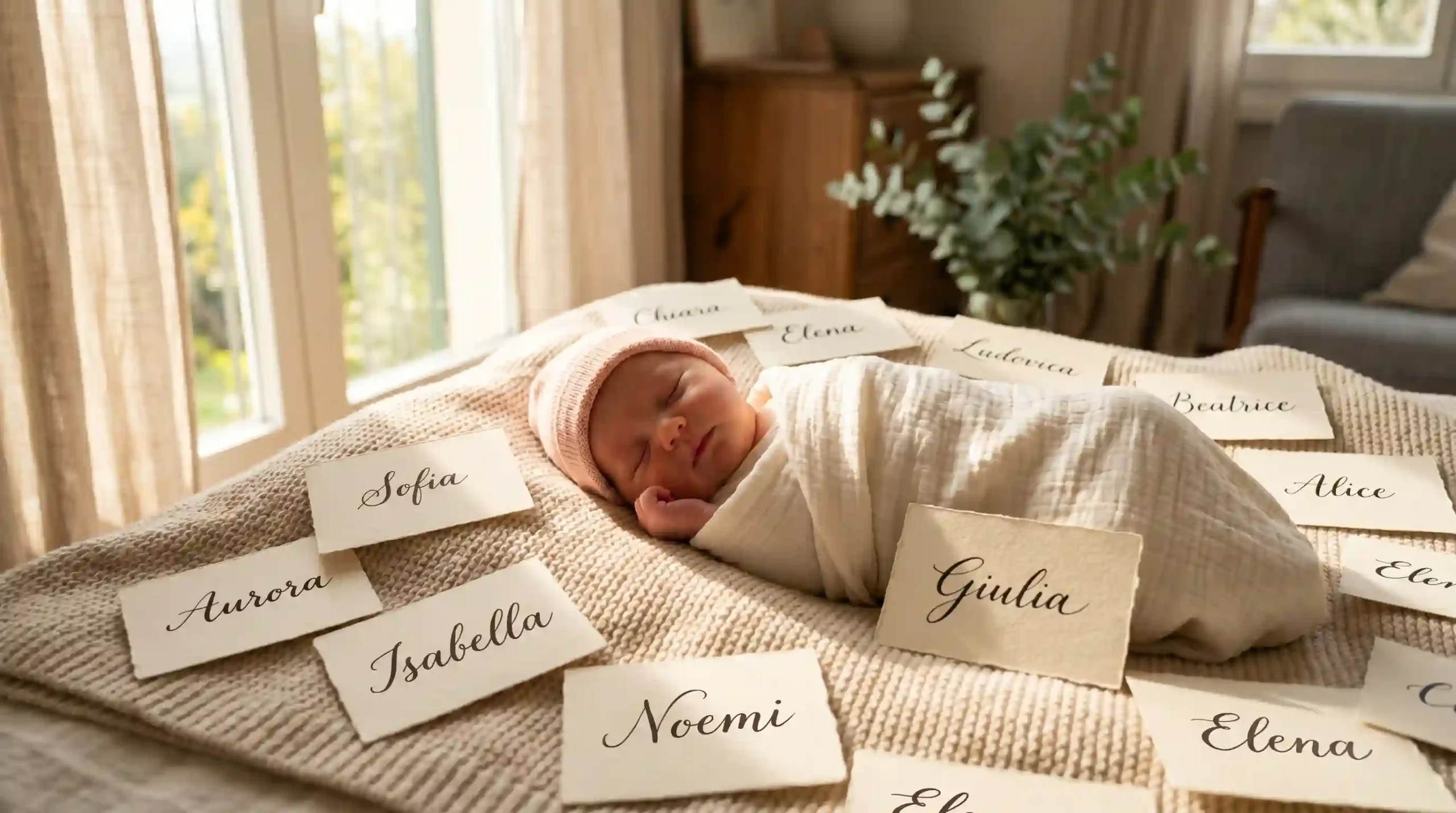 Italian girl names A to Z inspiration with baby and handwritten name cards