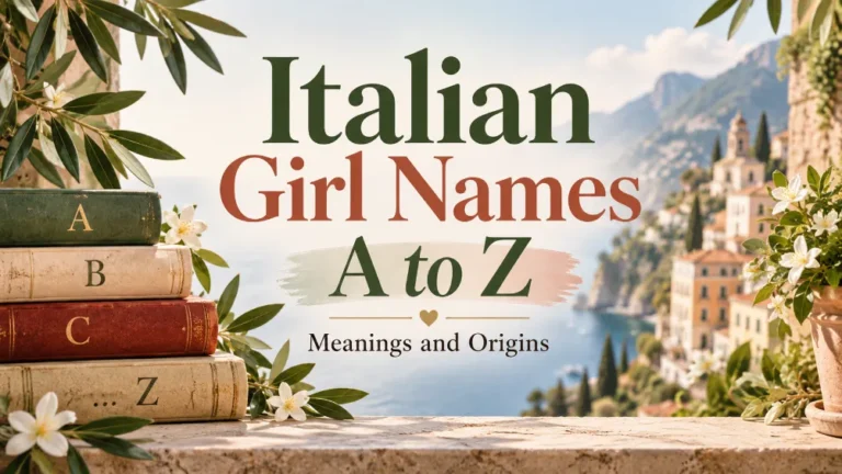 Italian Girl Names A to Z title over an Italian coastal village with olive branches and alphabet books