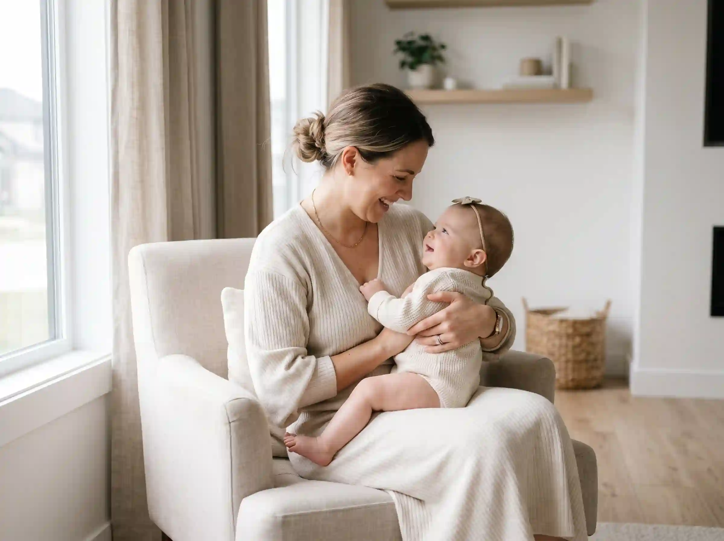 Modern mother holding baby girl in a minimal home setting