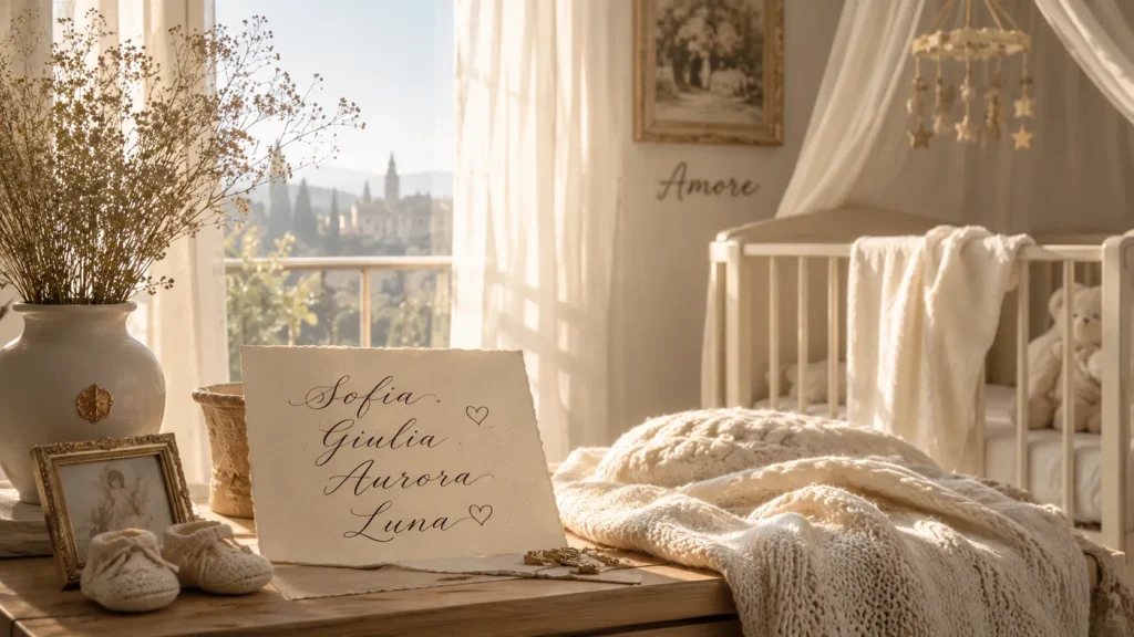 Modern Italian girl names inspiration with elegant baby girl nursery aesthetic and stylish Italian baby naming theme