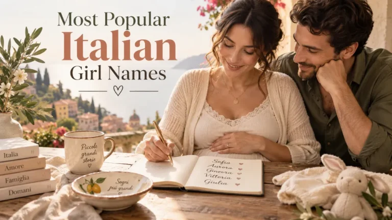 Expecting couple choosing baby names at a table with the title Most Popular Italian Girl Names in a warm Italian setting