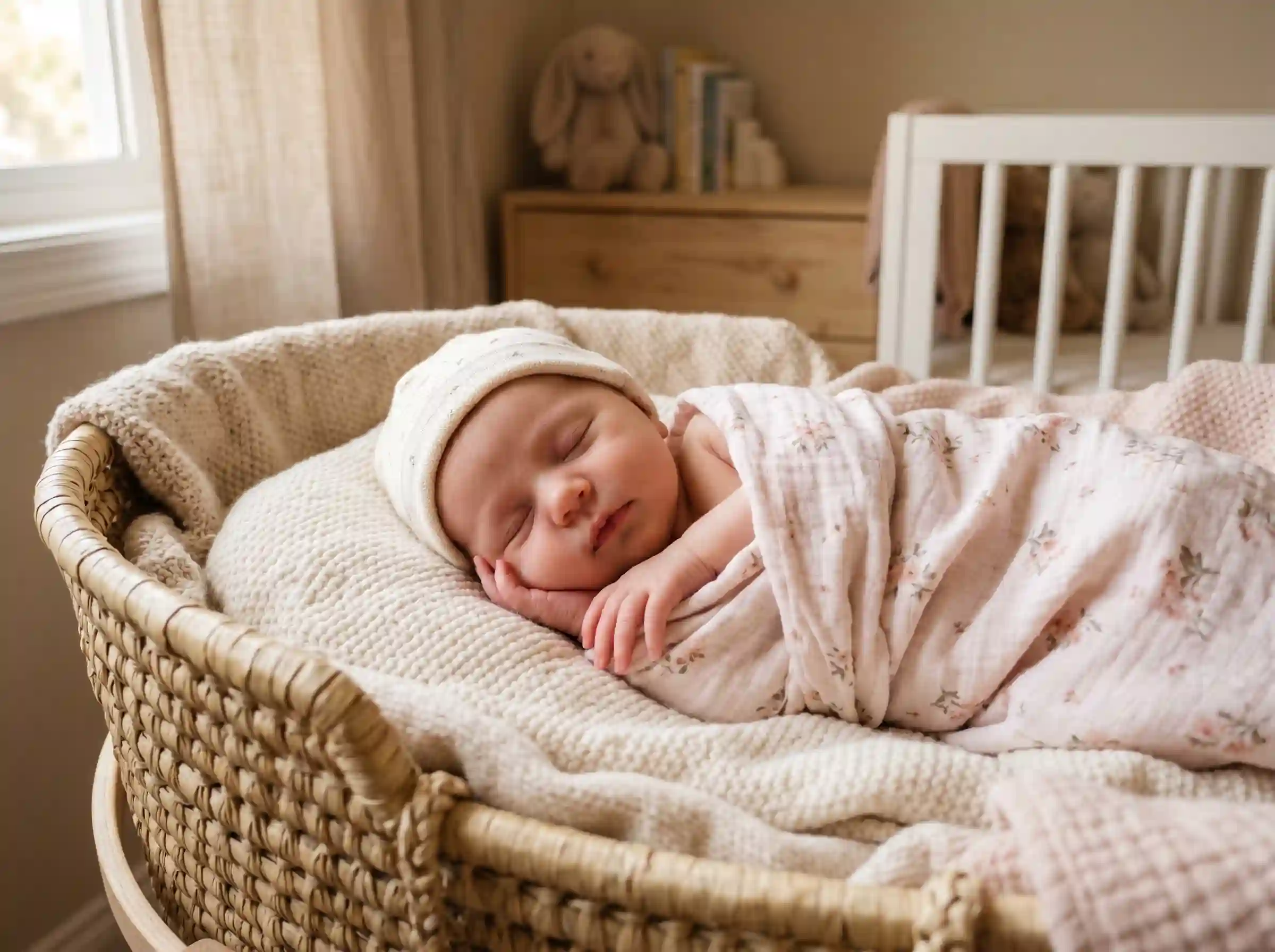 Newborn baby girl sleeping peacefully in soft blanket