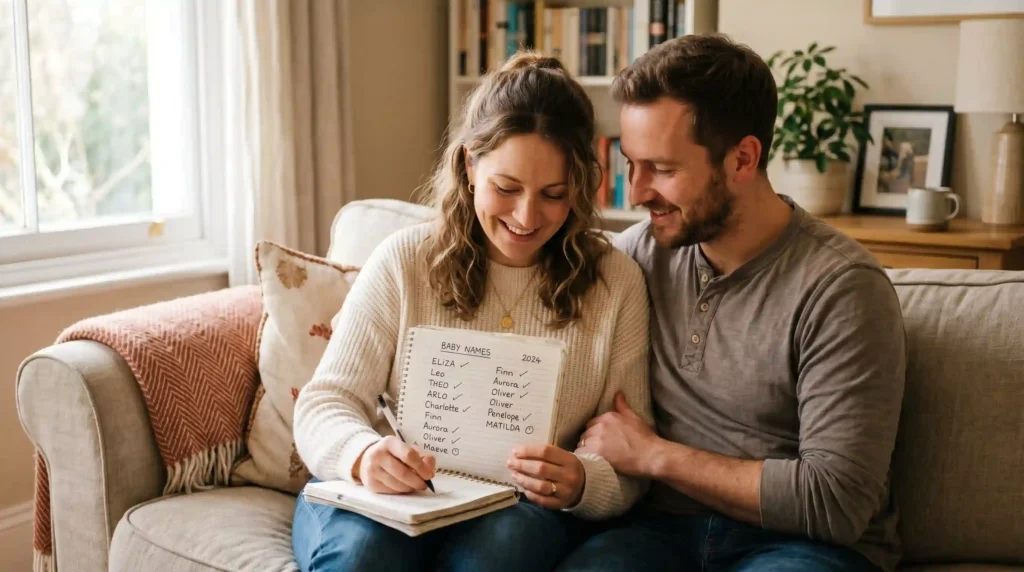 Parents choosing a baby girl name at home in a cozy setting