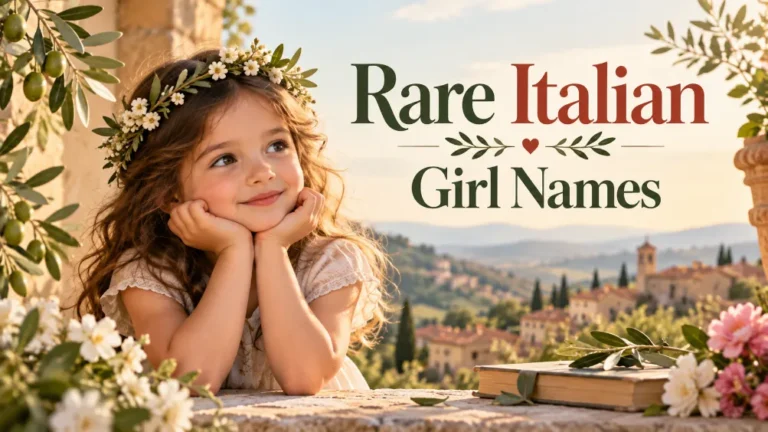 Young girl in a Tuscan setting with flowers and text reading Rare Italian Girl Names.