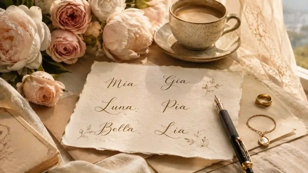 Short Italian girl names handwritten on elegant paper with soft Italian-inspired feminine aesthetic