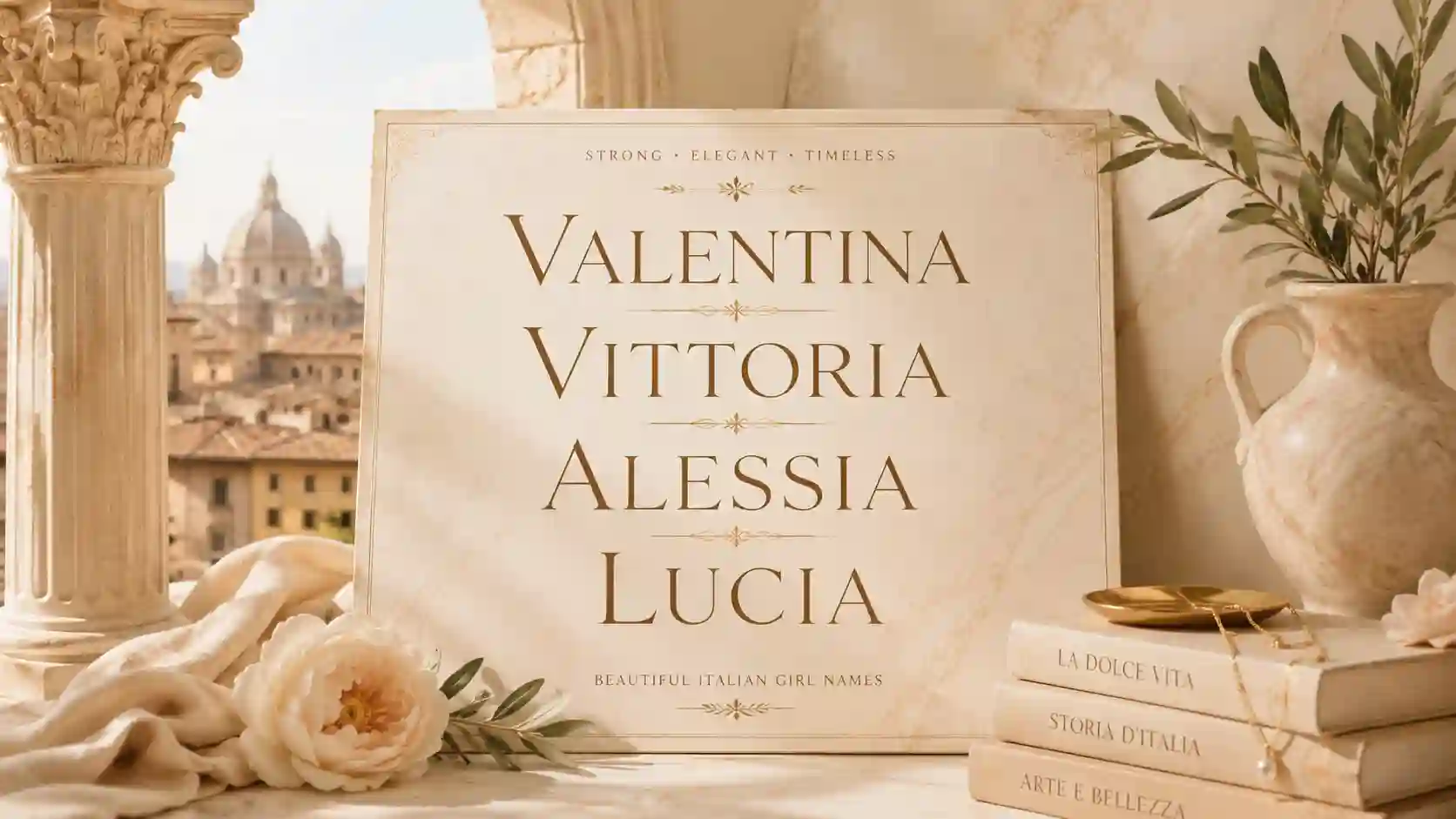 Strong Italian girl names with elegant and powerful meanings in a luxury Italian-inspired typography design