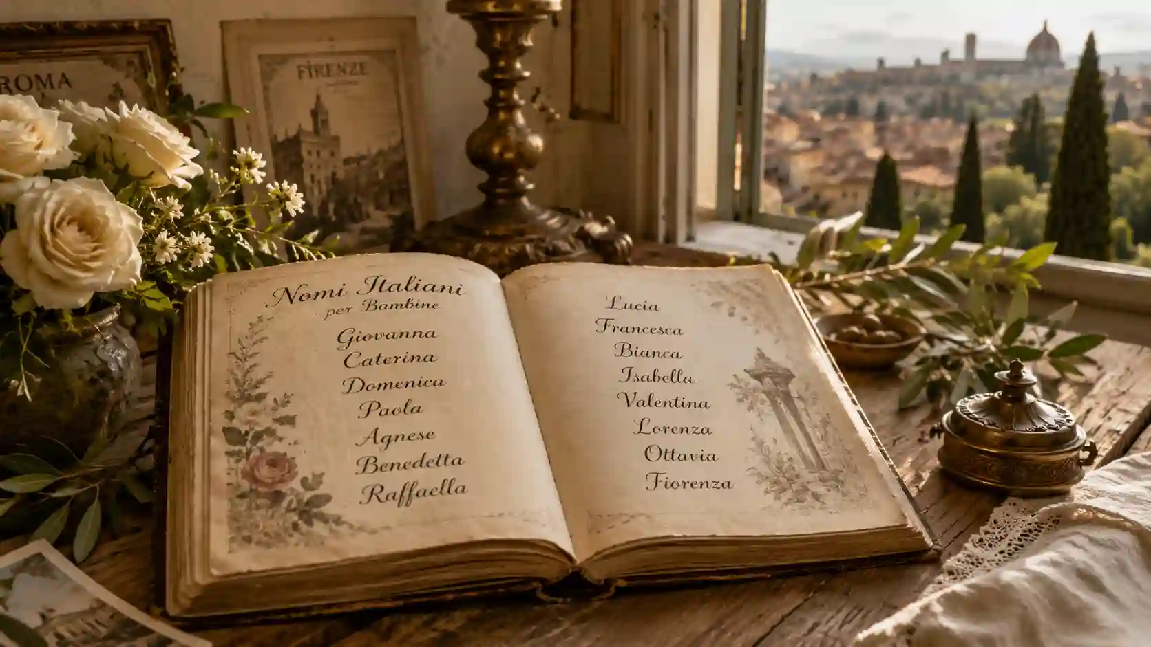 Traditional Italian girl names with meanings displayed in a vintage Italian heritage inspired setting