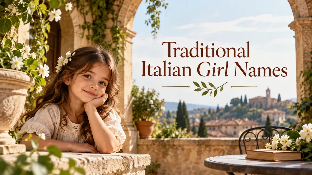 Traditional Italian Girl Names text beside a young girl in a sunlit Italian courtyard overlooking a Tuscan style village