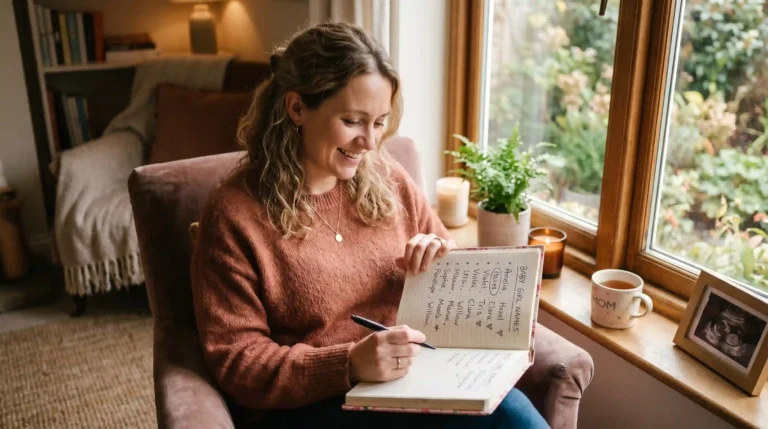 mother writing unique Italian girl names for baby in notebook