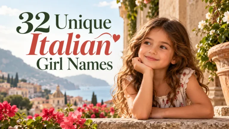 Young girl on an Italian coastal terrace beside text reading 32 Unique Italian Girl Names