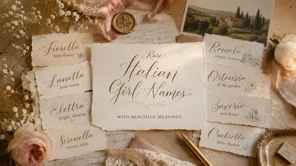 Vintage rare Italian girl names aesthetic with Tuscany-inspired feminine baby naming theme