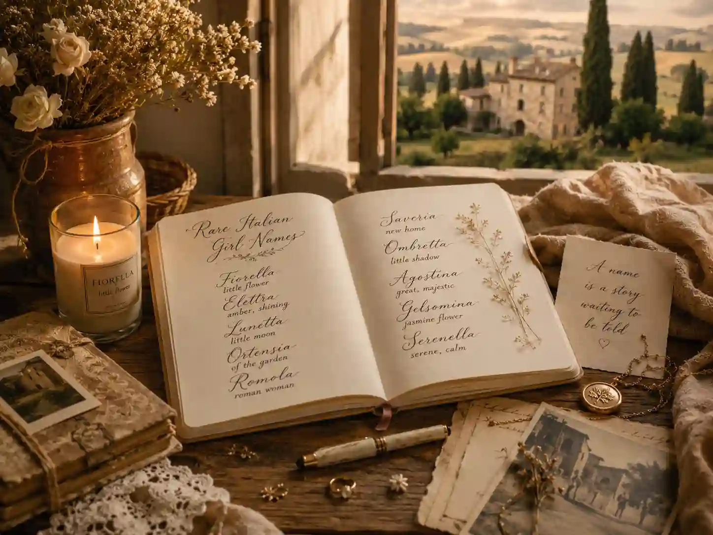 Vintage rare Italian girl names aesthetic with Tuscany-inspired feminine baby naming theme
