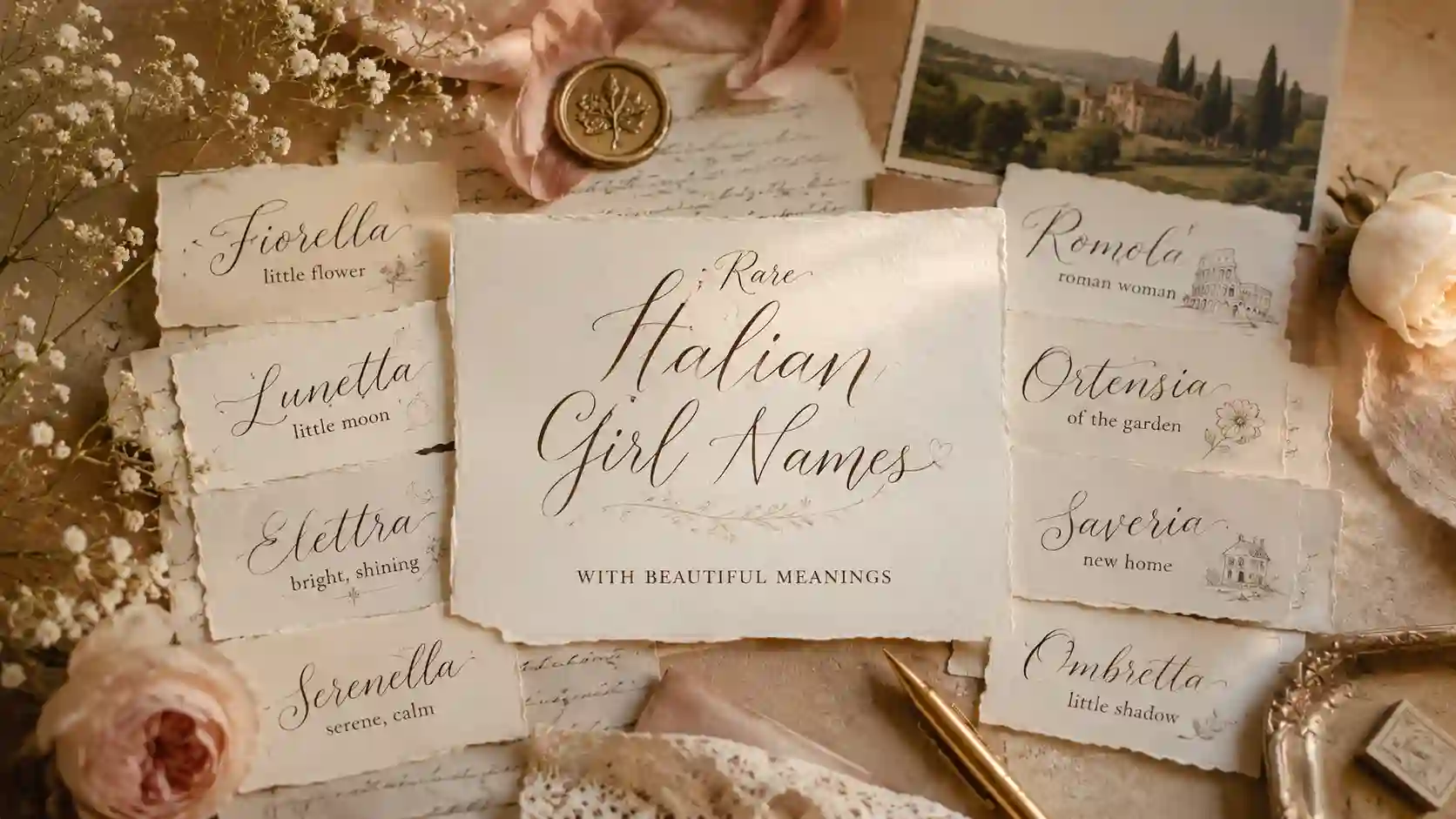 Vintage rare Italian girl names aesthetic with Tuscany-inspired feminine baby naming theme