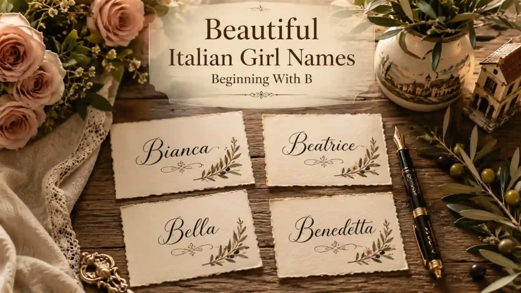 Beautiful Italian girl names beginning with B displayed on elegant name cards including Bianca, Beatrice, Bella, and Benedetta.