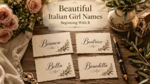 Beautiful Italian girl names beginning with B displayed on elegant name cards including Bianca, Beatrice, Bella, and Benedetta.