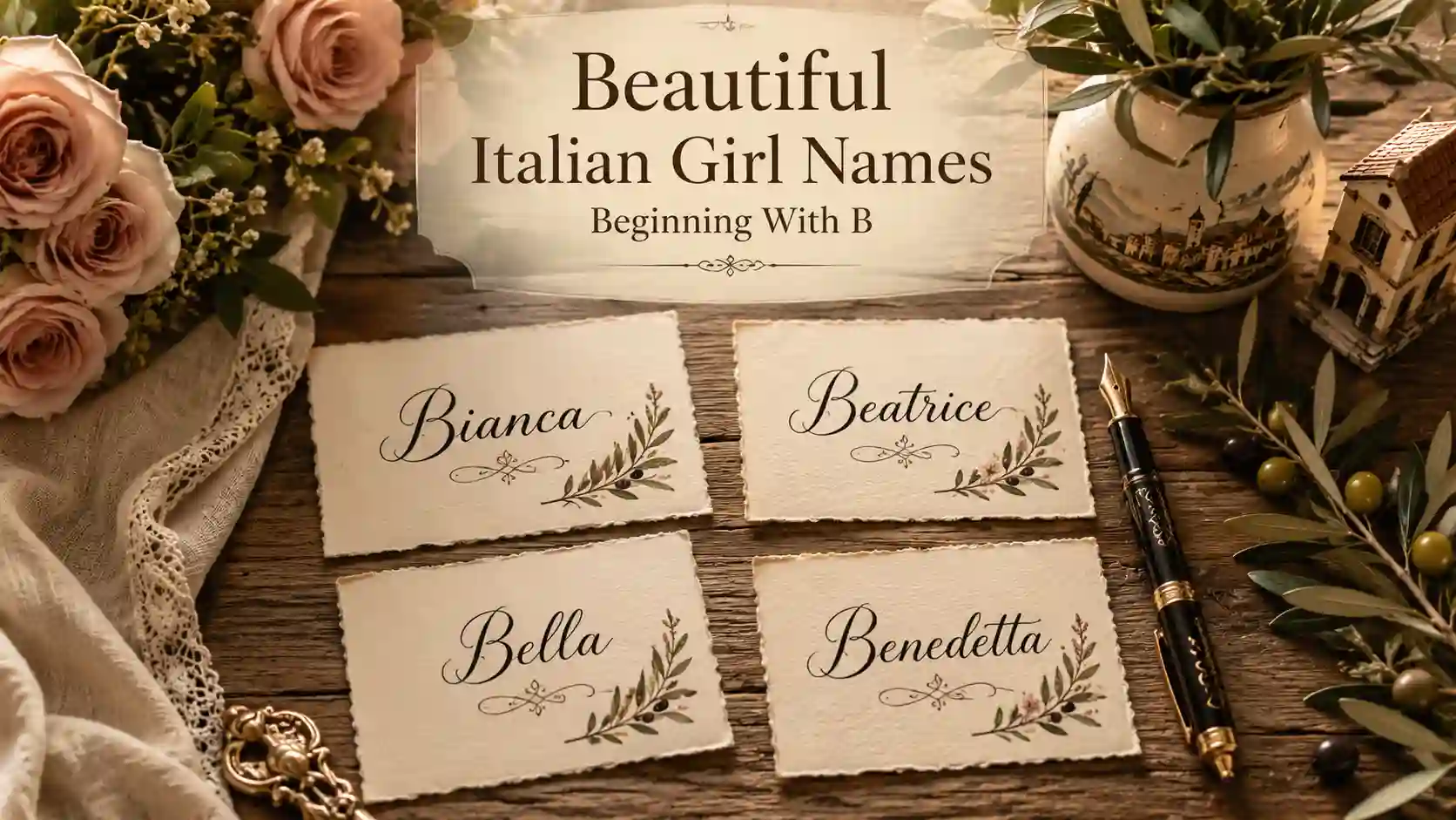 Beautiful Italian girl names beginning with B displayed on elegant name cards including Bianca, Beatrice, Bella, and Benedetta.