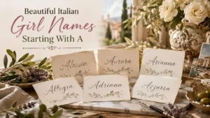 Beautiful Italian girl names starting with A displayed in elegant calligraphy with Italian-inspired decor and floral accents.