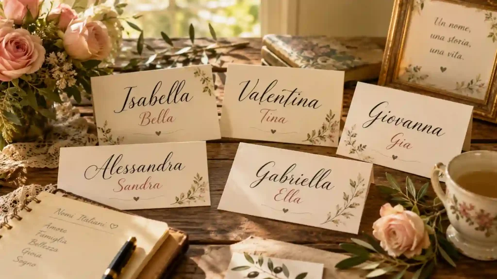 Italian girl names with nicknames including Isabella Bella, Valentina Tina, Giovanna Gia, and other beautiful Italian baby girl names