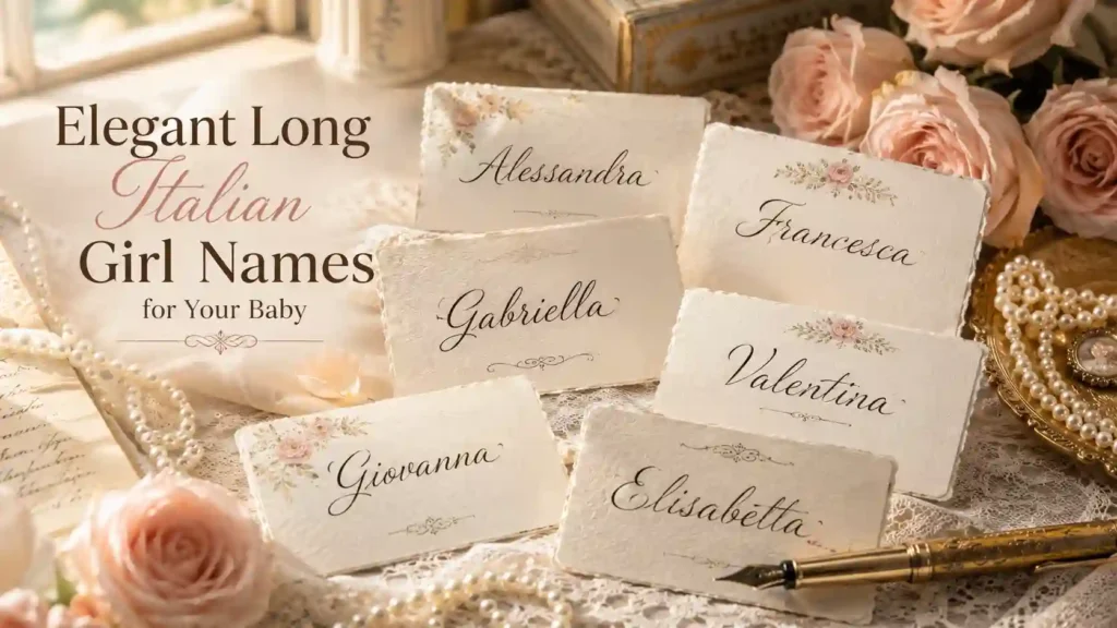 Long Italian girl names with meanings including Alessandra, Francesca, Gabriella, and Valentina displayed on elegant Italian-inspired stationery