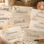 Long Italian girl names with meanings including Alessandra, Francesca, Gabriella, and Valentina displayed on elegant Italian-inspired stationery