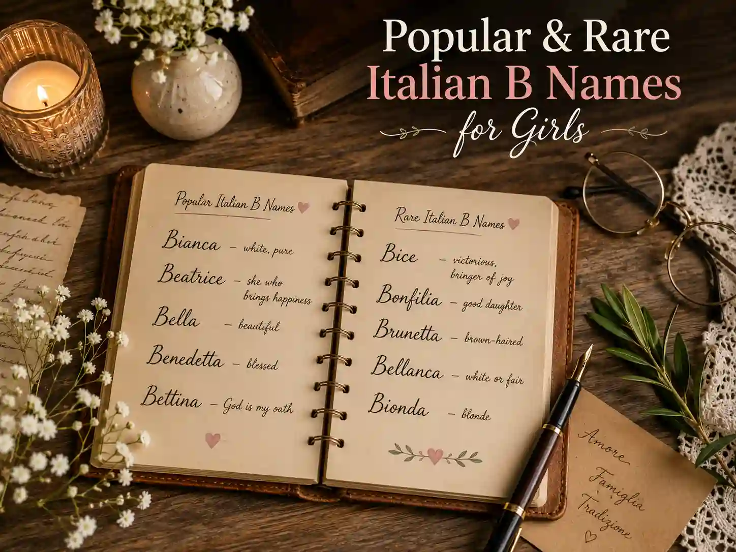 Notebook featuring popular and rare Italian girl names beginning with B, including Bianca, Beatrice, Bice, and Brunetta.
