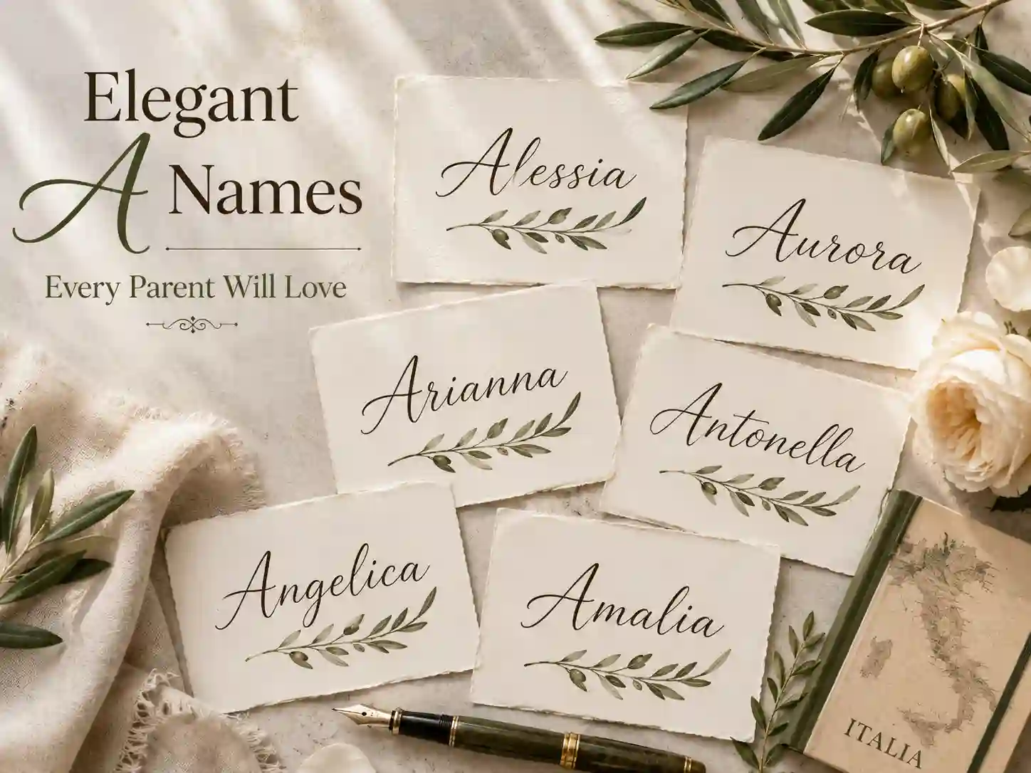 Popular Italian girl names starting with A presented on elegant name cards with classic Italian-inspired styling.