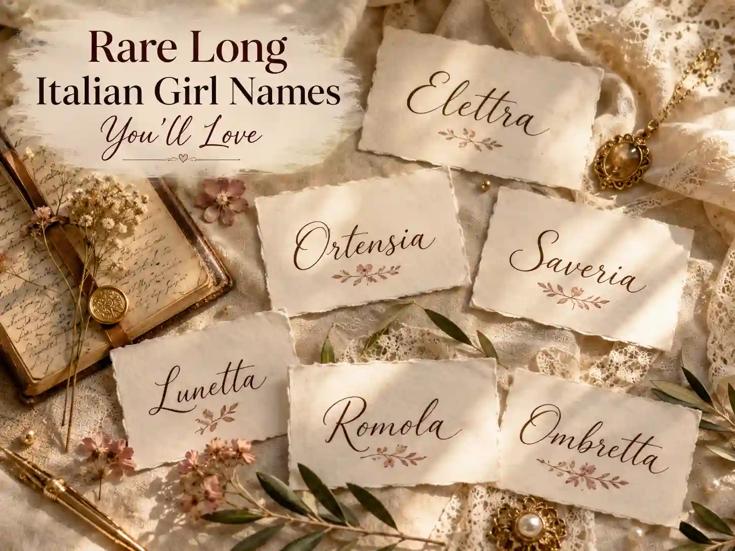 Rare long Italian girl names including Elettra, Ortensia, Saveria, Lunetta, Romola, and Ombretta displayed on elegant handwritten name cards