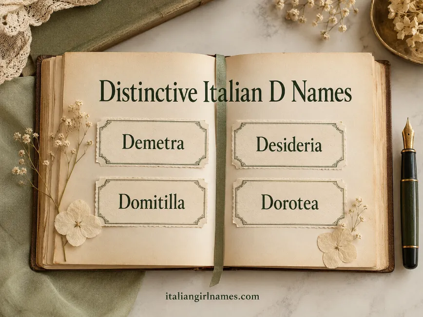 Vintage notebook displaying the Italian girl names Demetra, Desideria, Domitilla, and Dorotea