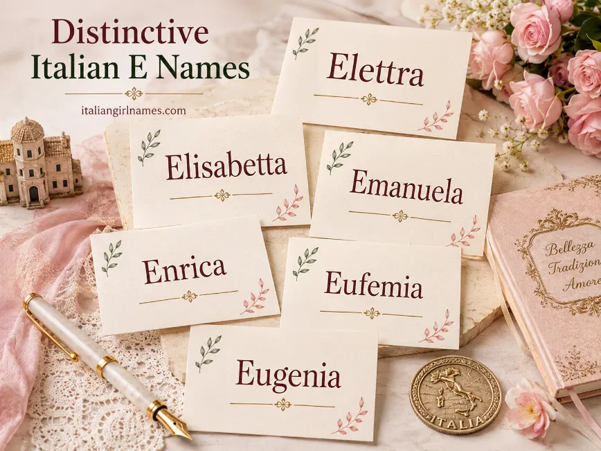 Stylish flat lay of distinctive Italian girl names starting with E written on elegant cards with soft feminine decor
