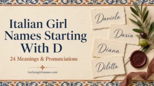 Elegant Italian-inspired name cards featuring Daniela, Daria, Diana, and Diletta