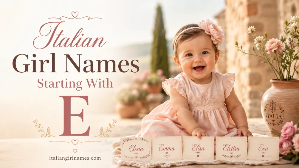 Elegant baby girl portrait with Italian-inspired name cards and soft floral styling for Italian girl names starting with E