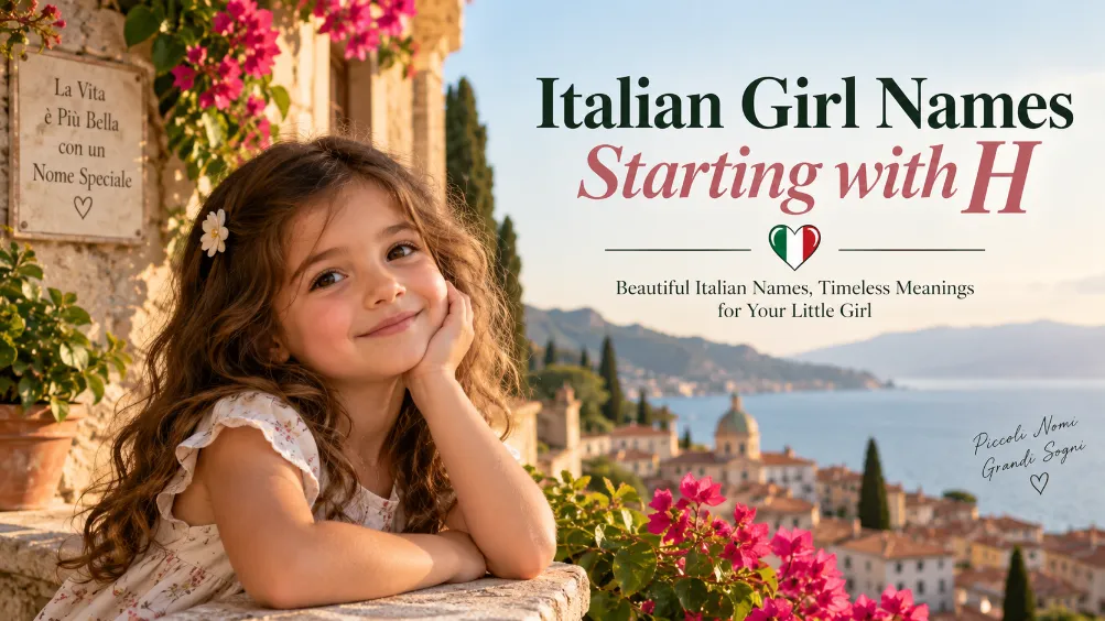Young girl overlooking an Italian coastal village with Italian Girl Names Starting with H text