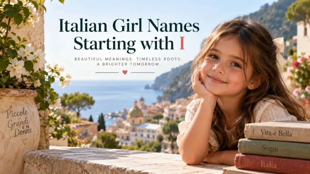 Young girl on an Italian coastal terrace with Italian Girl Names Starting with I text