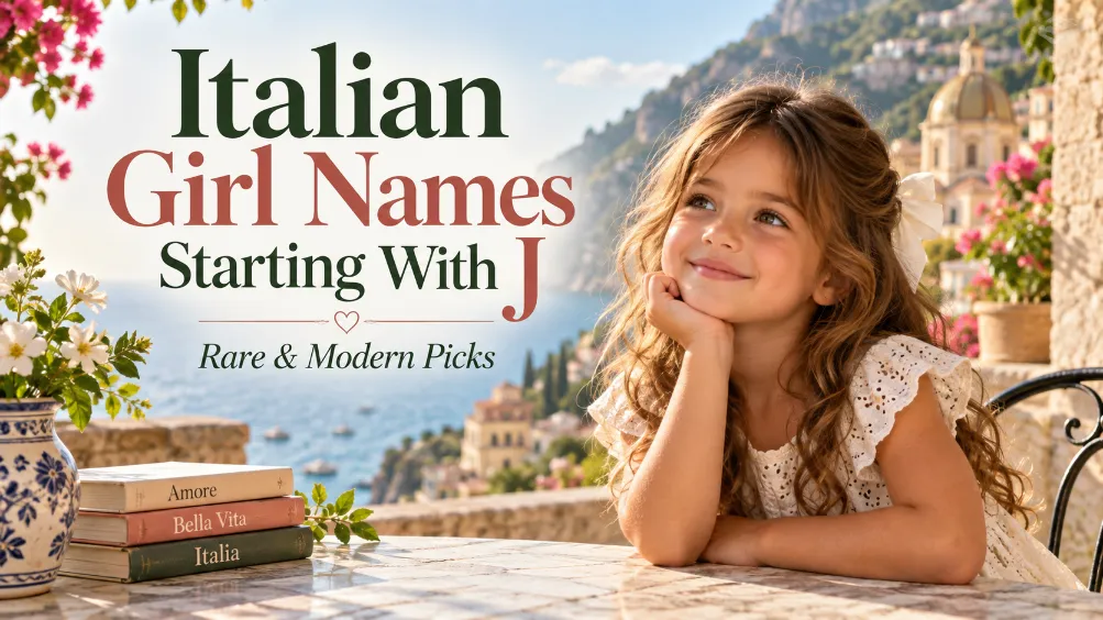 Young girl on a sunlit Italian coastal terrace beside Italian Girl Names Starting With J title text