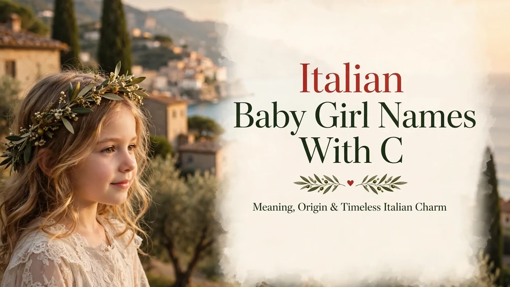 Featured image for Italian baby girl names with C: a young girl wearing a floral crown at golden hour in a Tuscan village, with the title Italian Baby Girl Names With C