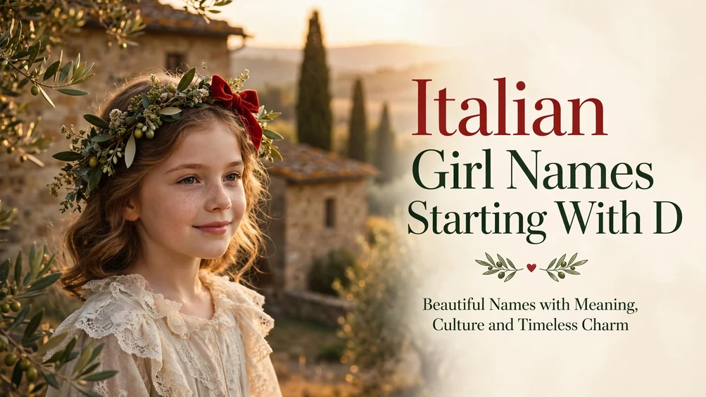 Italian girl names starting with D featured image: a young girl wearing a floral crown and red bow at golden hour in a Tuscan village, with the title Italian Girl Names Starting With D