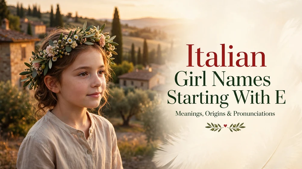 Featured image for Italian girl names starting with E: a young girl wearing a floral crown at golden hour in a Tuscan village, with the title Italian Girl Names Starting With E