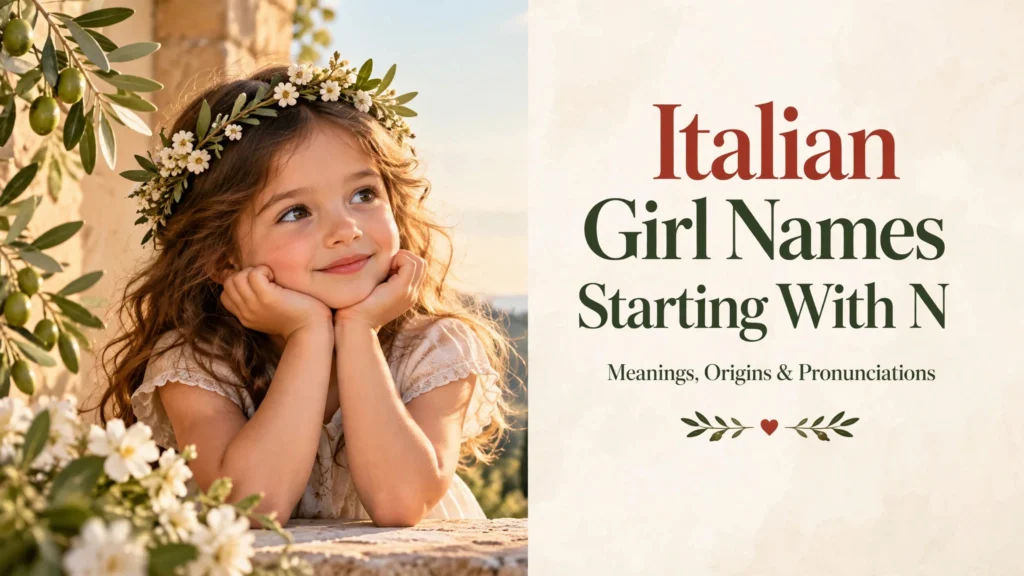 Featured image for Italian girl names starting with N: a young girl with a floral crown among olive trees at golden hour, with the title Italian Girl Names Starting With N