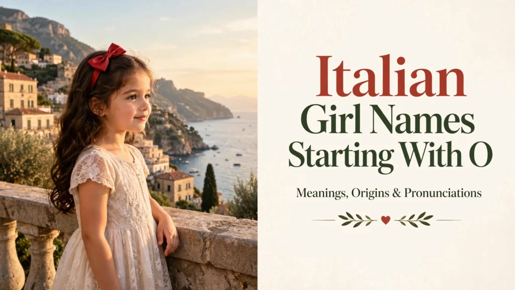 Featured image for Italian girl names starting with O: a young girl with a red bow on an Amalfi coast terrace at golden hour, with the title Italian Girl Names Starting With O