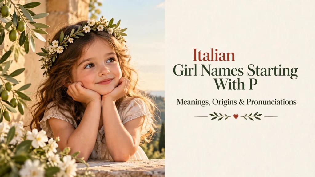 Featured image for Italian girl names starting with P: a young girl with a floral crown among olive trees and a stone farmhouse at golden hour, with the title Italian Girl Names Starting With P