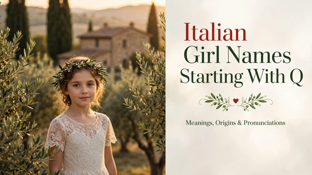 Featured image for Italian girl names starting with Q: a young girl with a floral crown among olive trees and a Tuscan stone farmhouse at golden hour, with the title Italian Girl Names Starting With Q