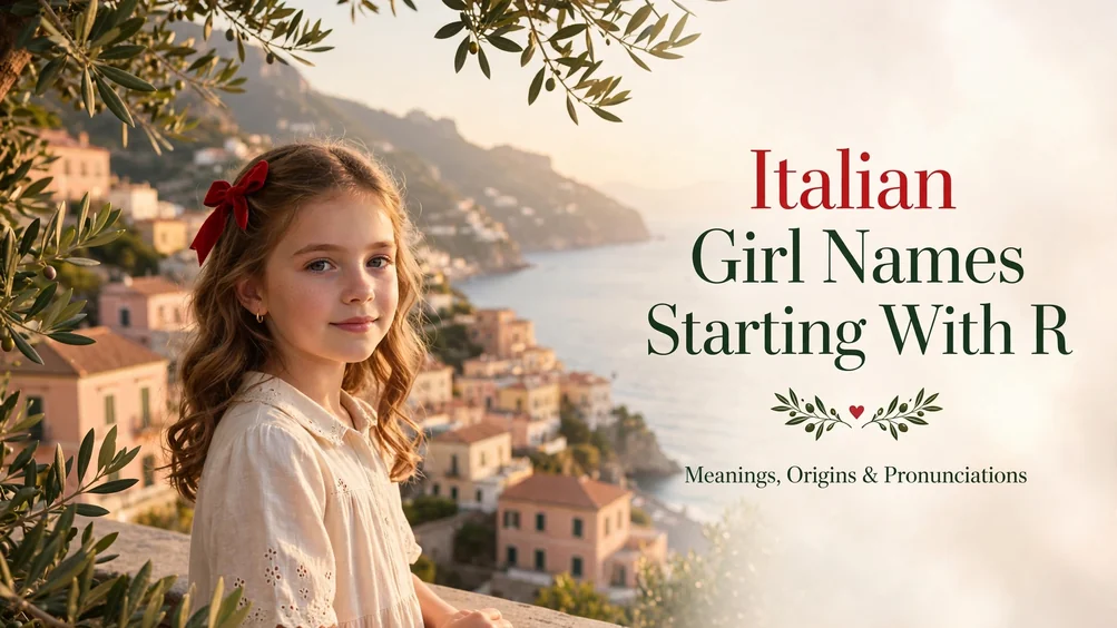Featured image for Italian girl names starting with R: a young girl with a red bow on an Amalfi coast terrace at golden hour, with the title Italian Girl Names Starting With R