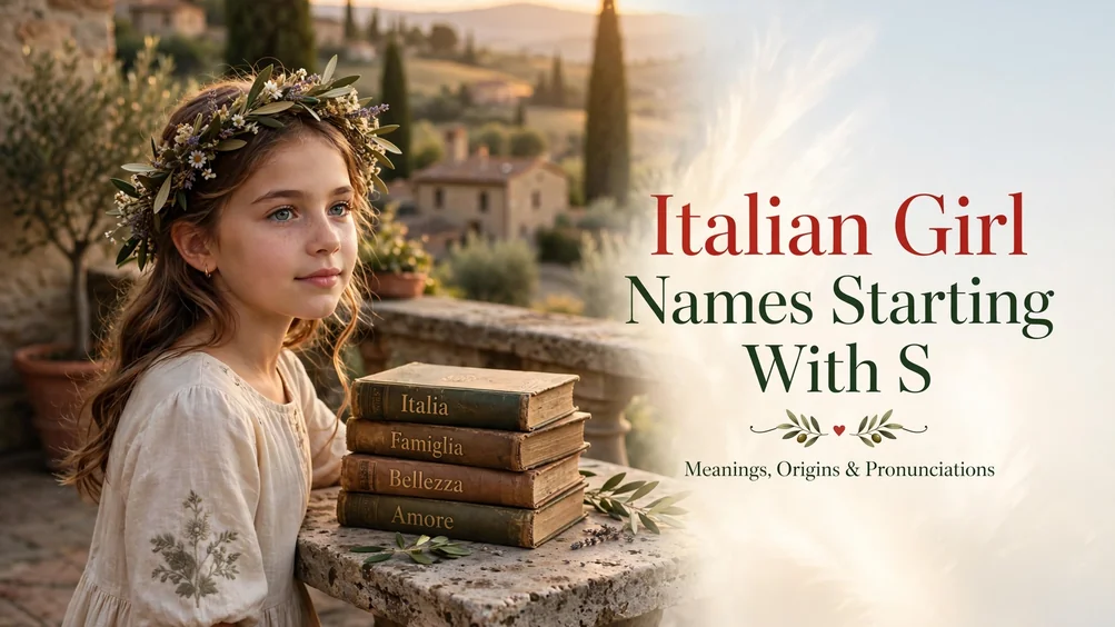 Featured image for Italian girl names starting with S: a young girl with a floral crown beside stacked old books on a Mediterranean terrace at golden hour, with the title Italian Girl Names Starting With S