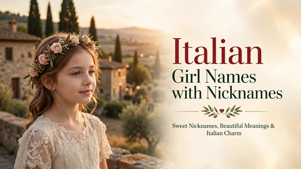 Italian girl names with nicknames featured image: a young girl wearing a floral crown at golden hour in a Tuscan village, with the title Italian Girl Names with Nicknames